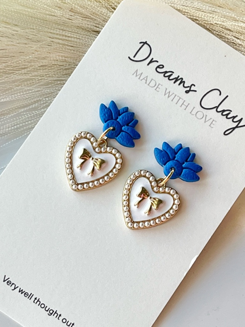 Blue Floral & White Heart Drop Earrings